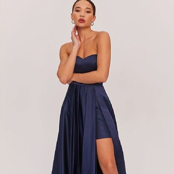 Fame and Partners Plus Size Sarah Midi Gown Duchess Satin Navy Size 22 NWT - Picture 1 of 11